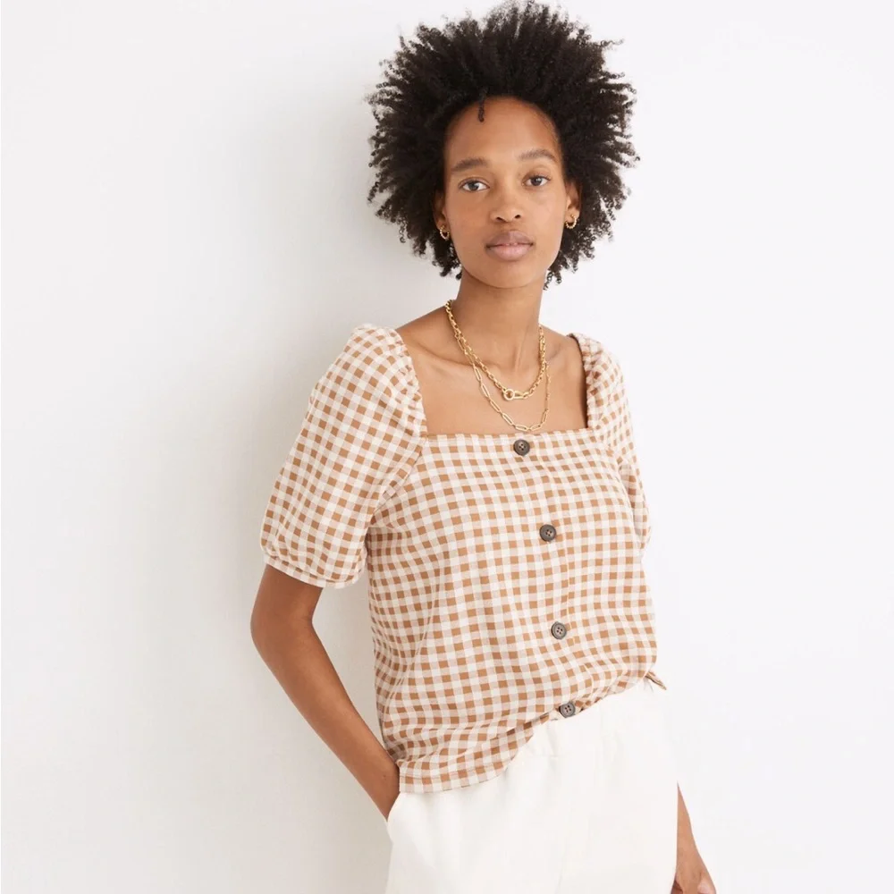 Madewell Gingham Jacquard Square-Neck Puff-Sleeve Top